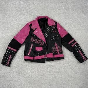 Women’s Studded Pink & Black Faux Leather Biker Jacket punk rock (size L) #TM225